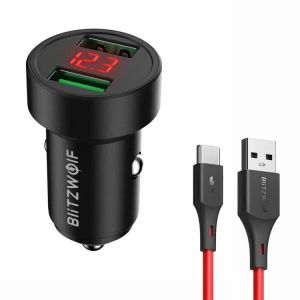 BlitzWolf® BW-SD6 24W QC3.0 QC2.0 Dual USB Mini Car Charger With BlitzWolf® BW-TC14 3A USB Type-C Cable Fast Charging For 